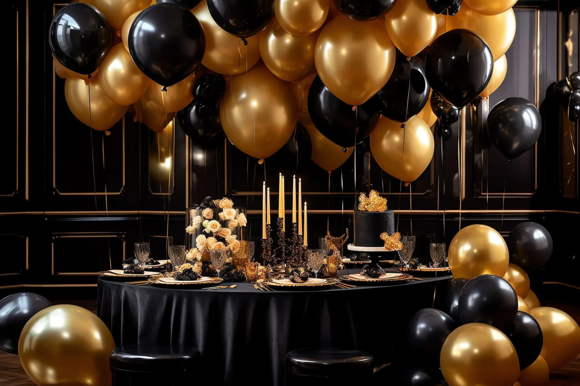 black-gold-party-theme-with-black-tablecloth-black-gold-balloons